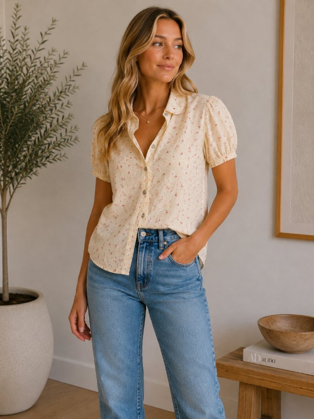 Lucky Brand Floral Puff Sleeve Button-Up Blouse